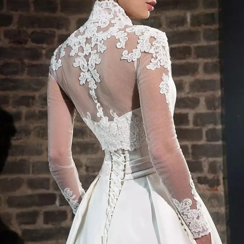 White Ivory Lace Applique V-Neck Bridal Bolero with Long Sleeves - Custom Wedding Accessories image 2