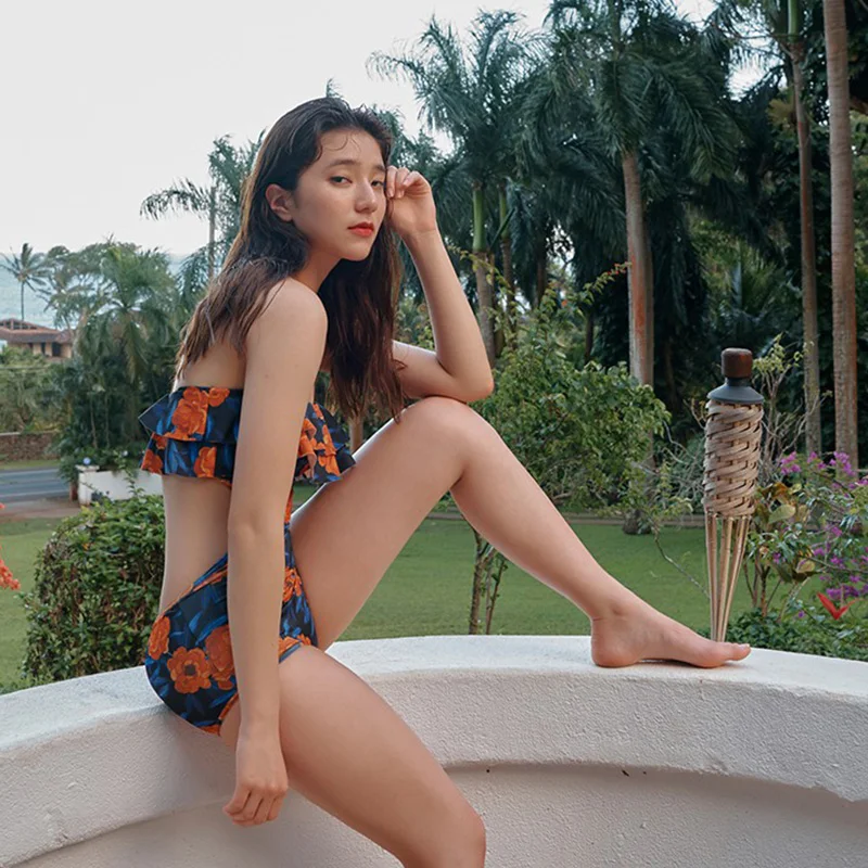 2020 корейский Оранжевый Цветочный слитный купальник с оборками Женский