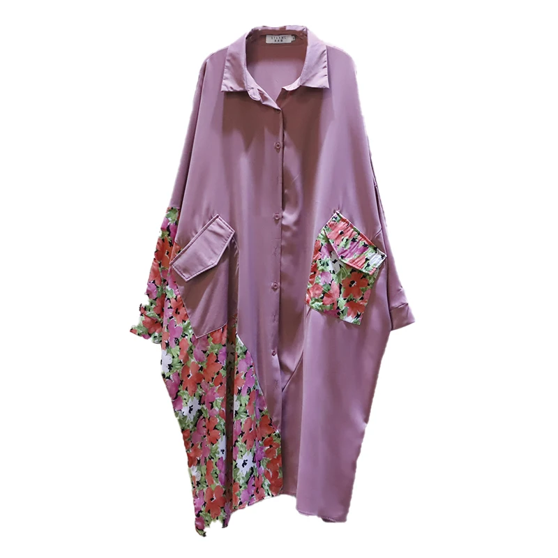 

IEQJ 2021 Women Summer New Style Korean Pink Elegant Casual Temperament Stitching Floral Lapel Mid-length Shirt Cardigan 3F0593