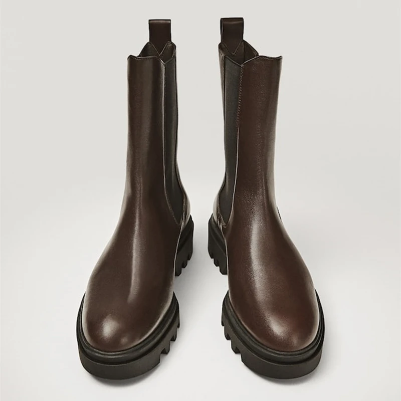

Women's Boots Winter Real Leather Martin Boots British Street Style Platform Short Boots Height Increasing Mid-calf Boot Shoes