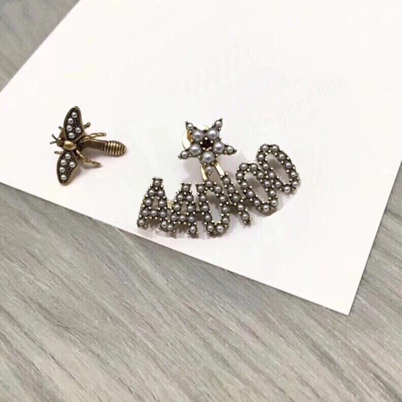 

C1947 Classic letters asymmetrical eardrop fashion retro bee size pearl star earring 925 silver needle allergy proof earrings