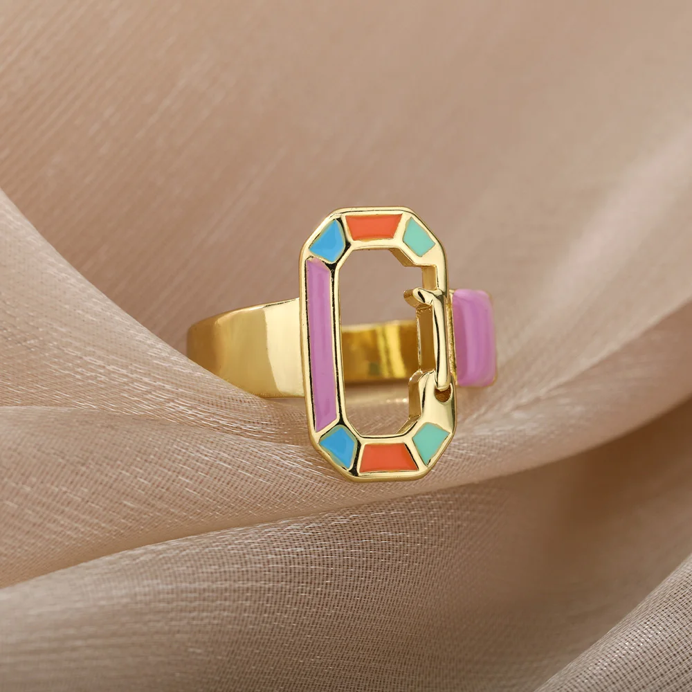 

Colorful Drop Oil Geometric Rings For Women Men Gold Stainless Steel Ring Chinese Font Back Shape Finger Rings Fashion Jewelry