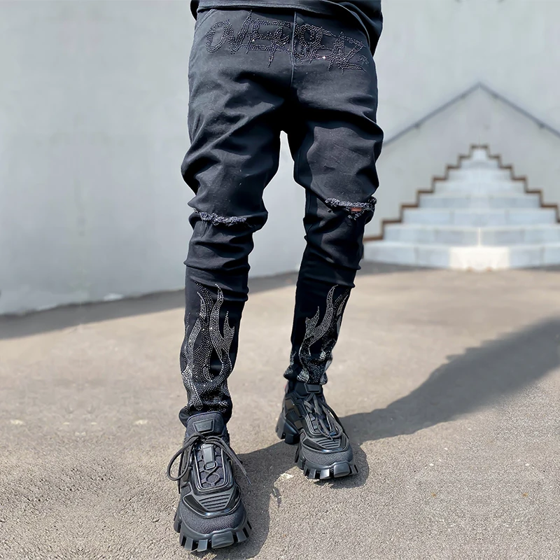 2021 New Elastic Waist Skinny Jeans Black Ripped Hot Drill Street Punk  Pants Men's Jeans Street Slim Men's Fashion Pencil Pants