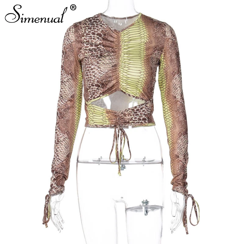 

Simenual Snake Print Drawstring Hollow Out Party Crop Tops Women Long Sleeve Autumn Fashion Ruched Skinny T-shirts Clubwear 2021