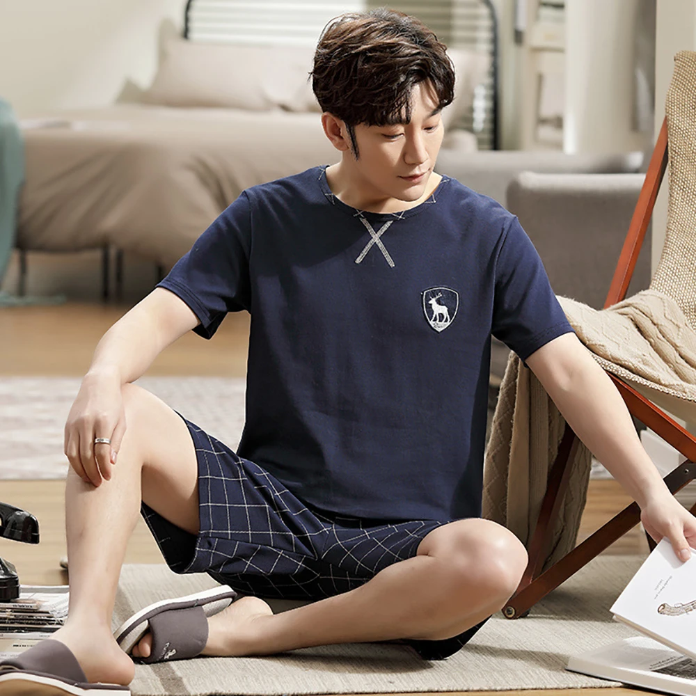 Plus Size Pajamas For Men Casual Cotton Print Pajama Sets Summer Short Sleeve Pijama+Elastic Striped Shorts Home Suit Pyjamas