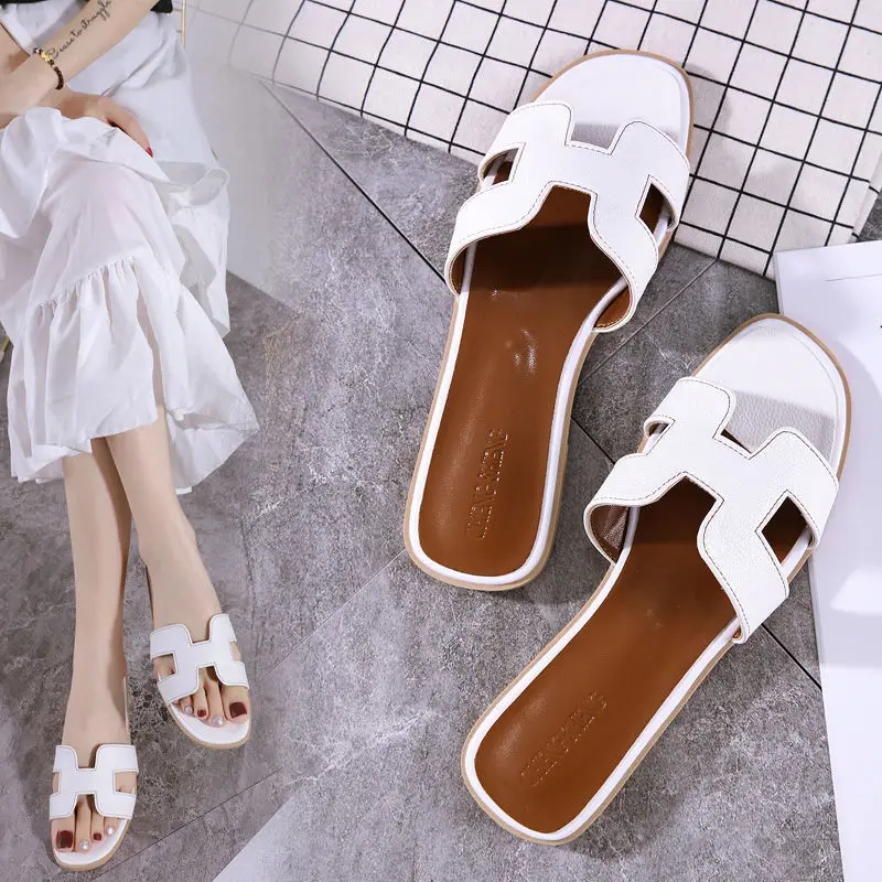 

Hot Women H-shaped Luxury Slippers Designer Summer New sheepskin Outdoor Sandals Wear Flat Woman's Indoor Soft Slippers Beach