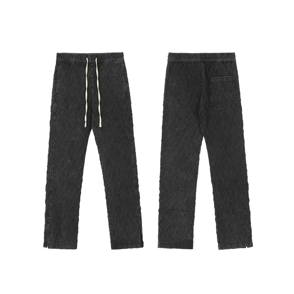 2021 New Arrival Rhombus Plaid Washed Men Vintage Jeans Trousers Solid Slim Casual Slit Hem Drawstring Denim Pants Ropa Hombre