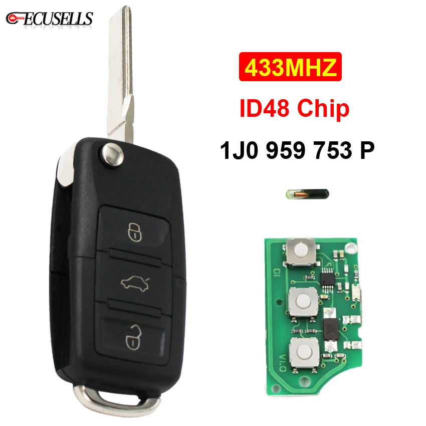 3 кнопки дистанционного ключа 1J0 959 753 P 433 МГц 1J0959753P ID48 чип для Volkswagen VW Beetle Golf Passat Jetta