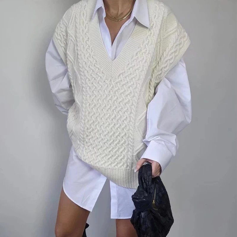 

Весенне-осенний Женский Повседневный однотонный Свободный вязаный жилет с V-образным вырезом