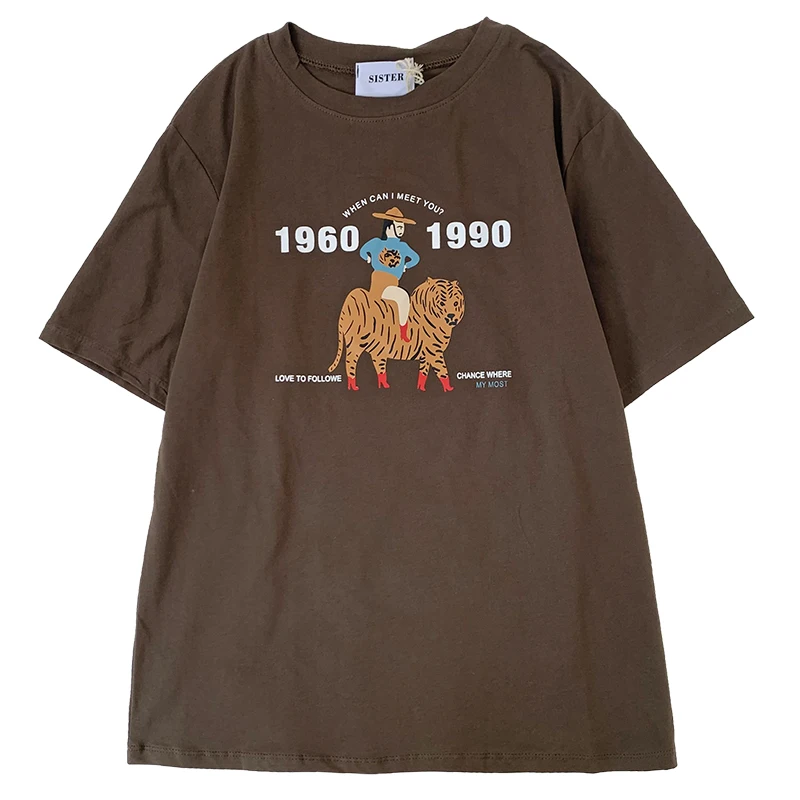 

2021 Summer Vintage Women Brown T Shirt Cartoon Animal Print Summer Cotton Round Neck Loose And Thin Short Sleeve T-shirt
