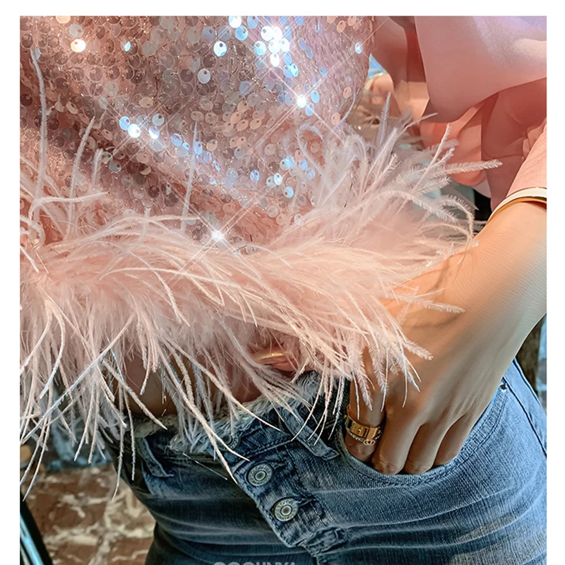 

MENKAY 2020 Fashion Women autumn shirt Designer Sexy Luxury Sequined Sleeve Bandage Feather Short Top