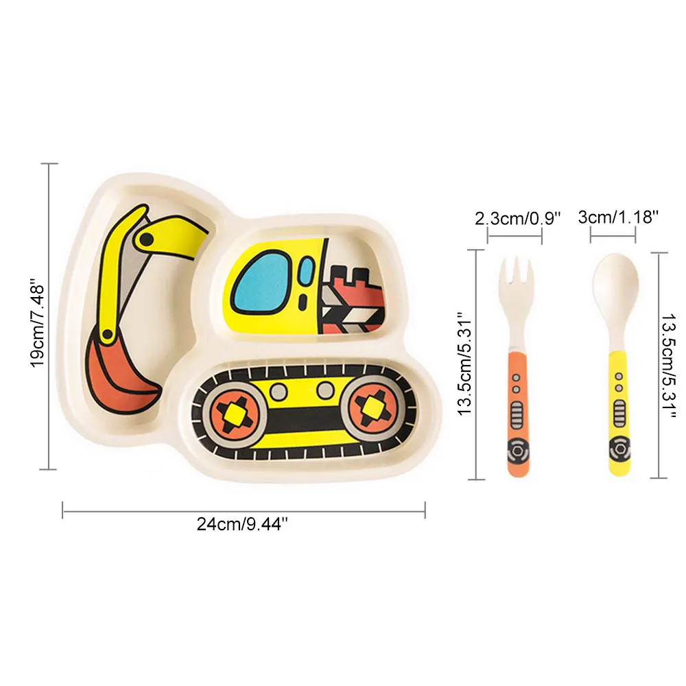 3pcs/set Cartoon Car Plate Fork Spoon Dinner Plates Set Dishes Divided Compartment Plates Tableware for Kids Toddlers Children