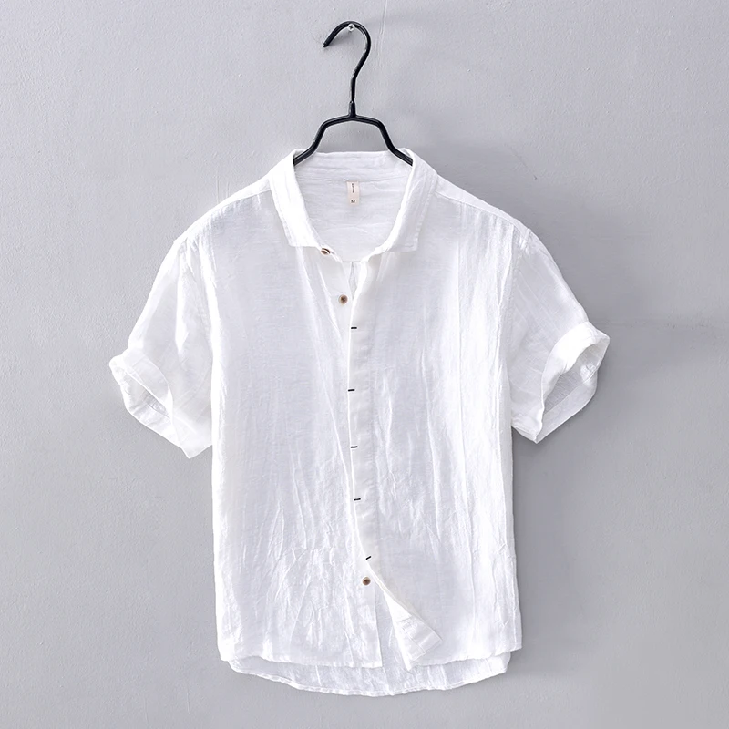 

Camisa de lino casual de manga corta para hombre, camisa transpirable a la moda, Blanco solido, de verano, 2020