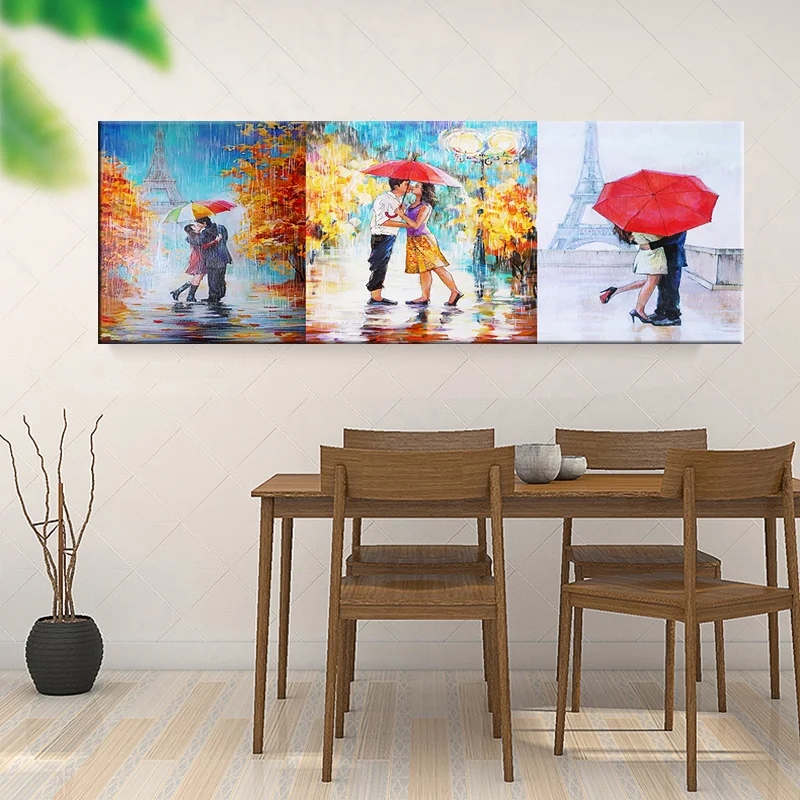 Мультфильм влюбленных холст стены искусства пара целующиеся в дождь