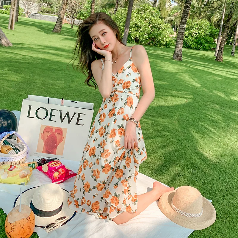 

Retro Bohemian Tropical Beach Vacation Sundress Floral Print Long Women Slip Dress Summer Elegant Runway 2021 Party Night Dress