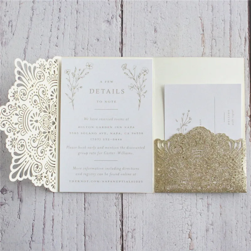 Glitter laser cut wedding invitations tri-fold pocket invitation 50pcs gold silver rose custom printing invite RSVP | Дом и сад
