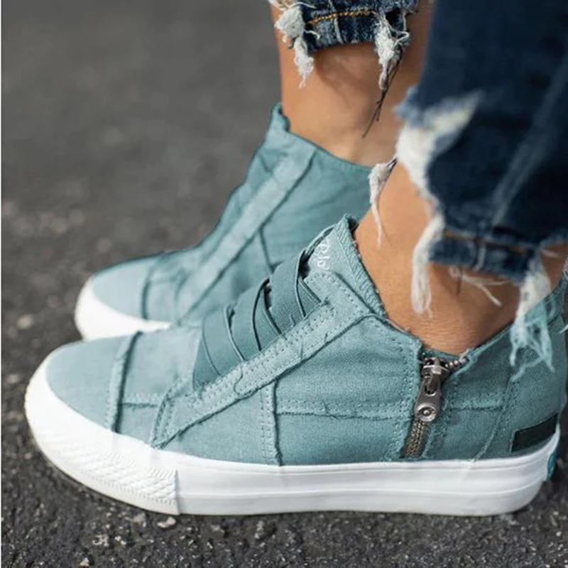 Women Sneakers 2020 Fashion Breathble Washed Canvas Wedge Shoes Platform Zipper Casual White | Обувь