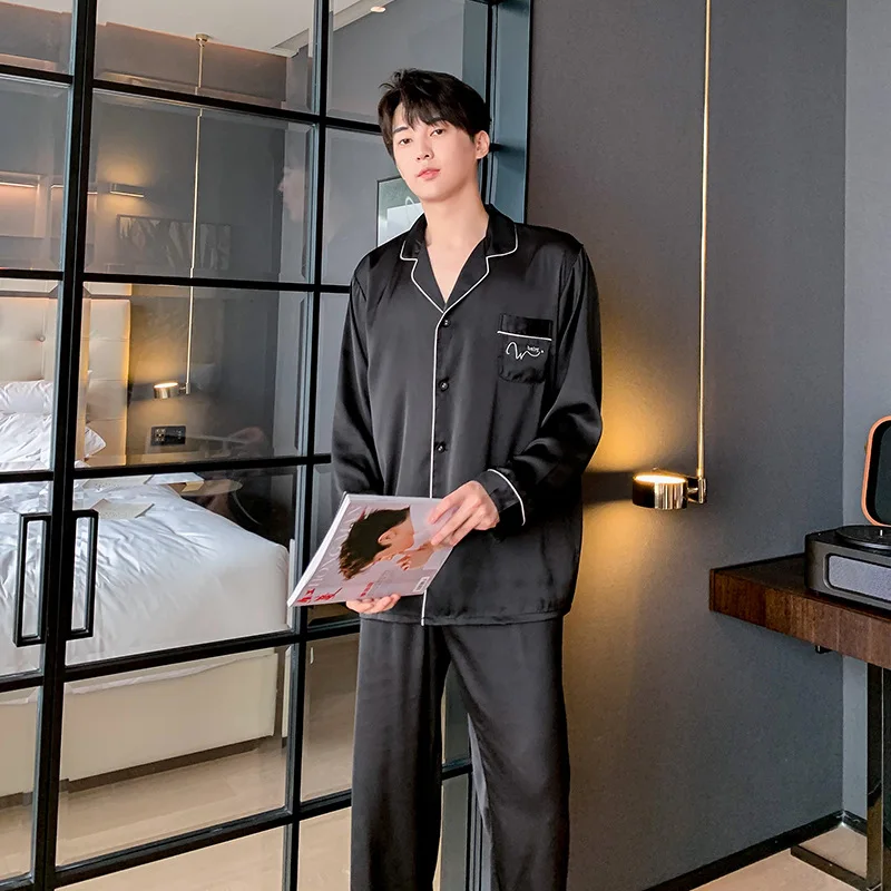 

Spring Autumn New Male Pajamas Set Casual Satin 2PCS Sleepwear Shirt&Pants Silky Nightwear Home Clothes Soft Pijamas Sleep Suit
