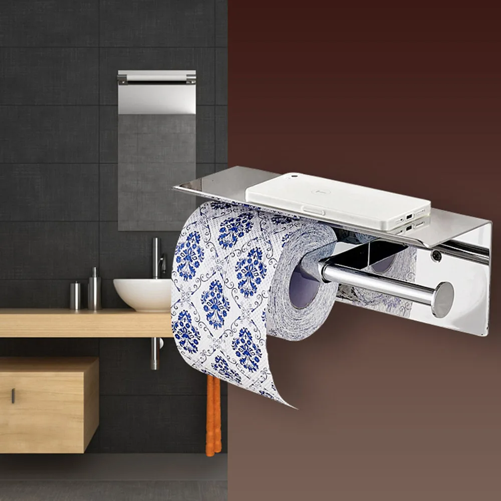 

Double Holder Wall Mount Tissue Paper Roll Hanger with Mobile Phone Shelf Rack for Bathroom Home Office Hotel