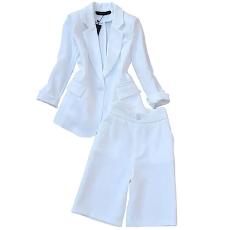 

Fashion pants suit female summer fall New high-quality white Leisure Loose suit jacket + 5 points Wide leg pants OL suit women
