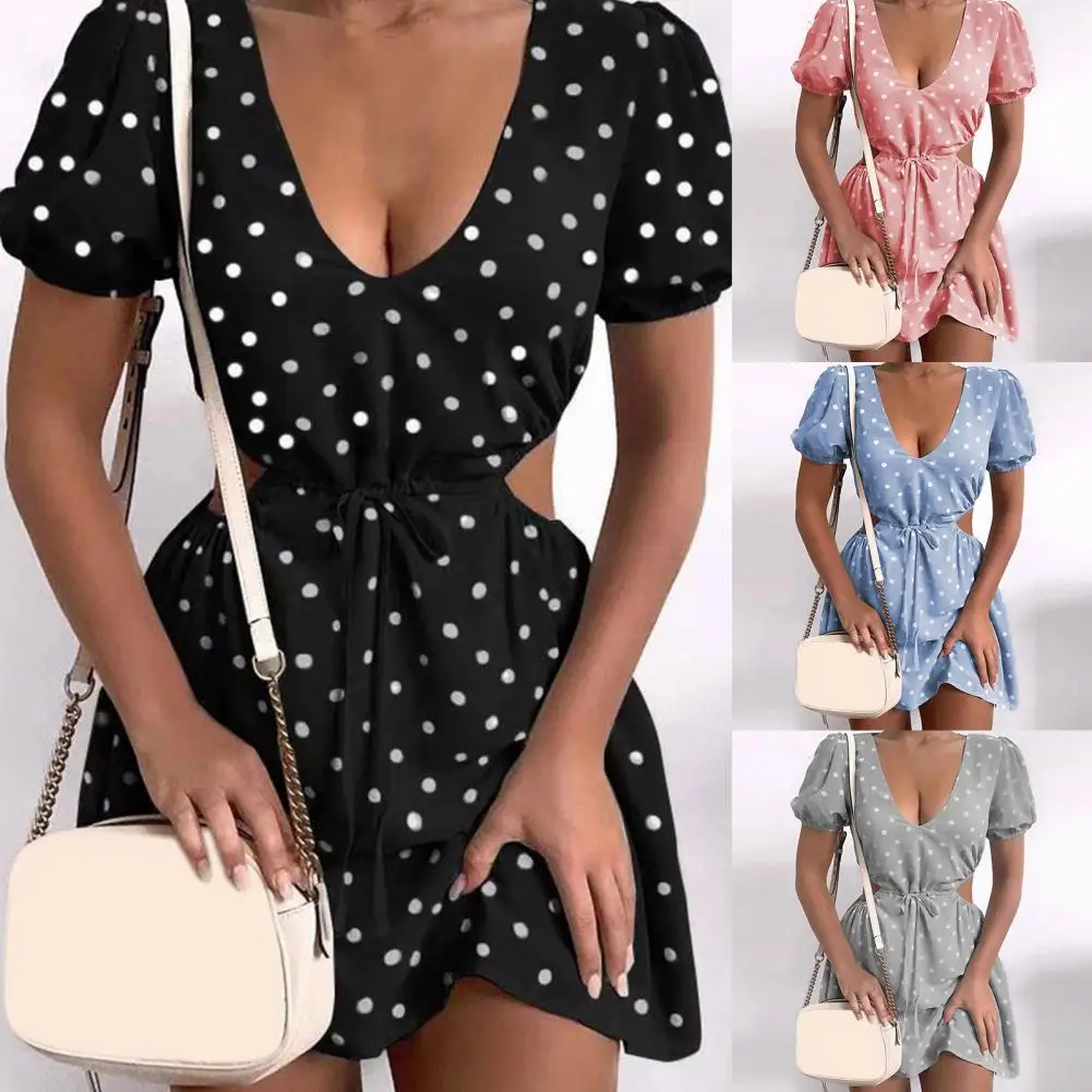 

3XL Dress Polka Dot Print Soft Women Hollow Waist Dress for Dating
