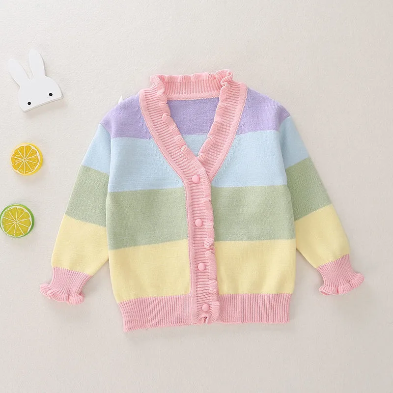 

Baby Girl Rainbow Striped Knit Cardigan Sweater Outer Long Sleeve Knitted Jacket 2-8Y