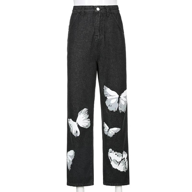 

2021 New Arrival Summer Style Female Fashion Summer Print Butterfly High Waist Night Club Sexy Denim Stright Pants