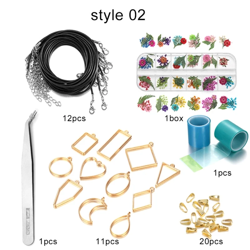 

2021 New DIY Dried Flower Open Bezel Charms Geometric Frame Pendant Tweezer Keychain Set