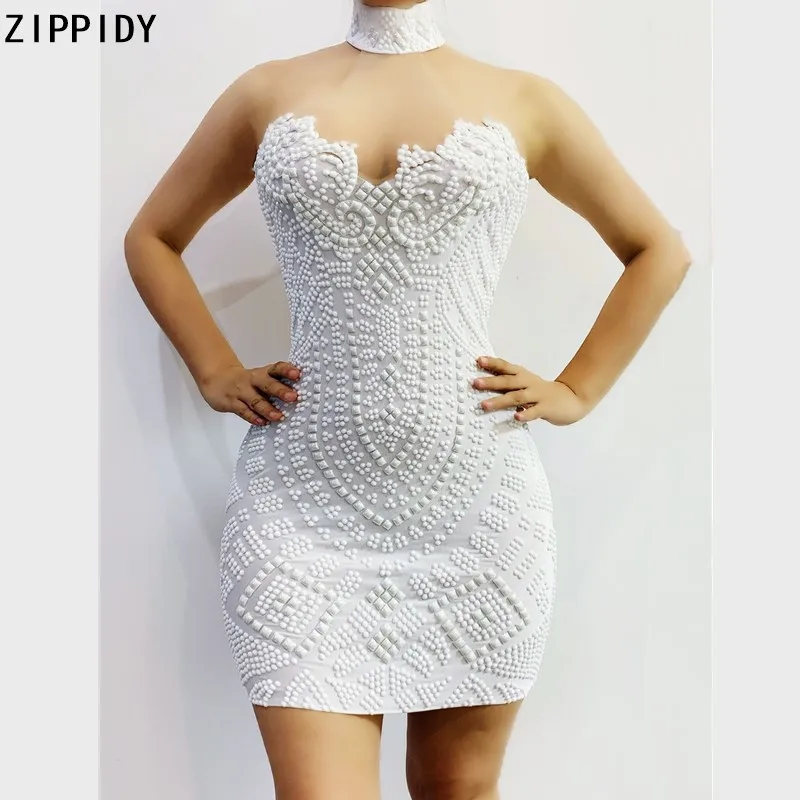 

Sexy White Stones Halter MINI Dress Prom Party Birthday Celebrate Clothes Female Singer Show Wear Hip Wrapped Dress