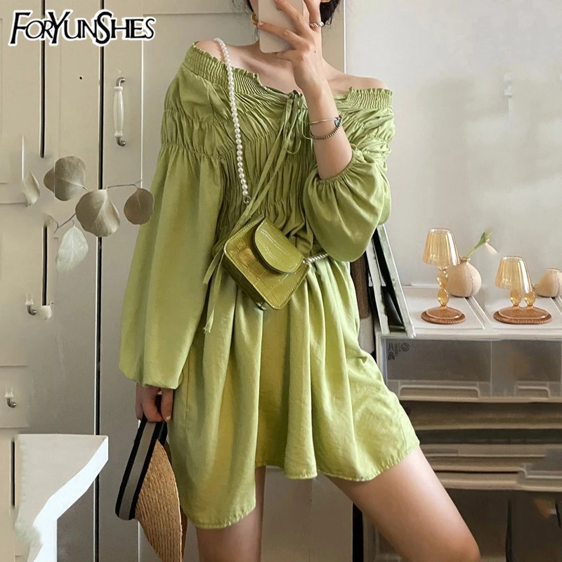 

Slash Neck Sexy Mini Dress Lace Up Lantern Sleeve Elastic Ruched Sundress Summer 2021 Vintage Fairy Grunge Holiday Y2K Clothes