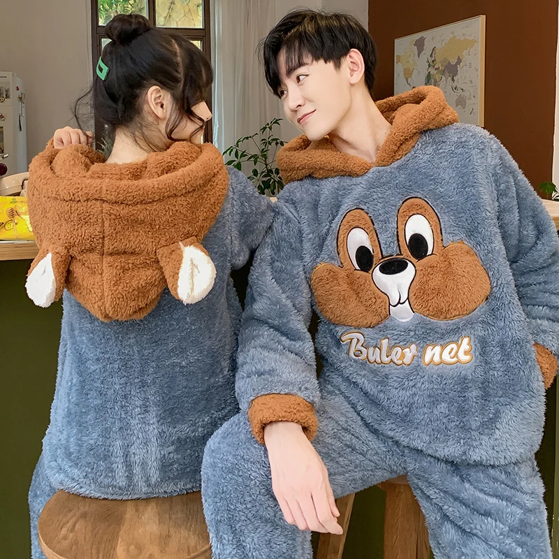 Коралловые кашемировые пижамы для пар зимняя одежда с длинными рукавами мужчин и