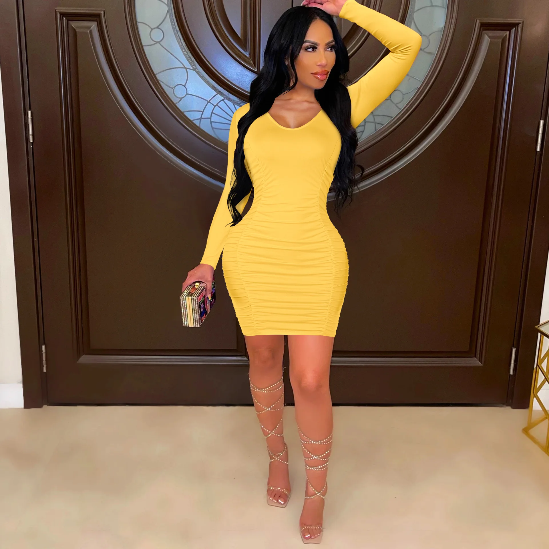 

SKMY Bodycon Dresses For Women Autumn And Winter Solid Color Pleated Round Neck Sexy Club Outfits Party Dress Long Sleeve