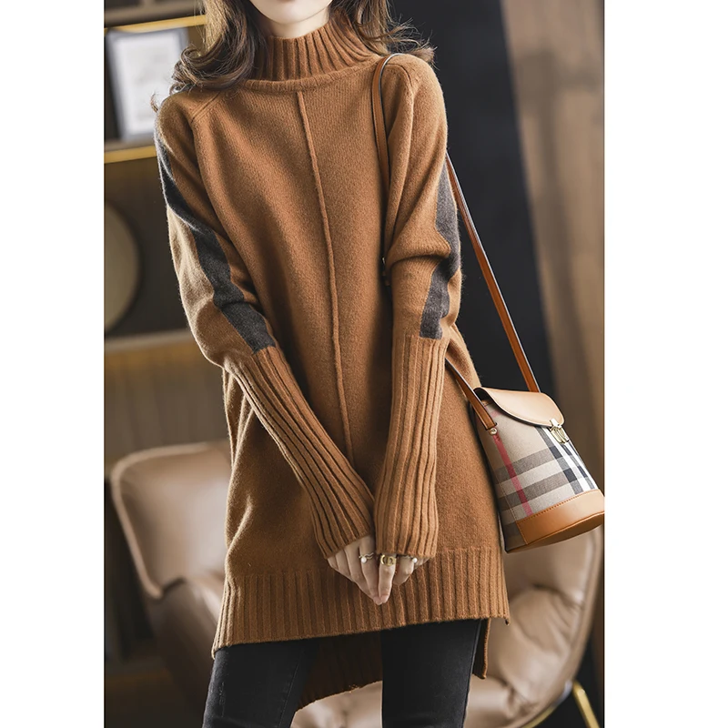 100% Pure Wool Women's Mid-Length Pullover Loose Sweater Autumn And Winter New Fashion Half High Collar Korean Fashion All-Match