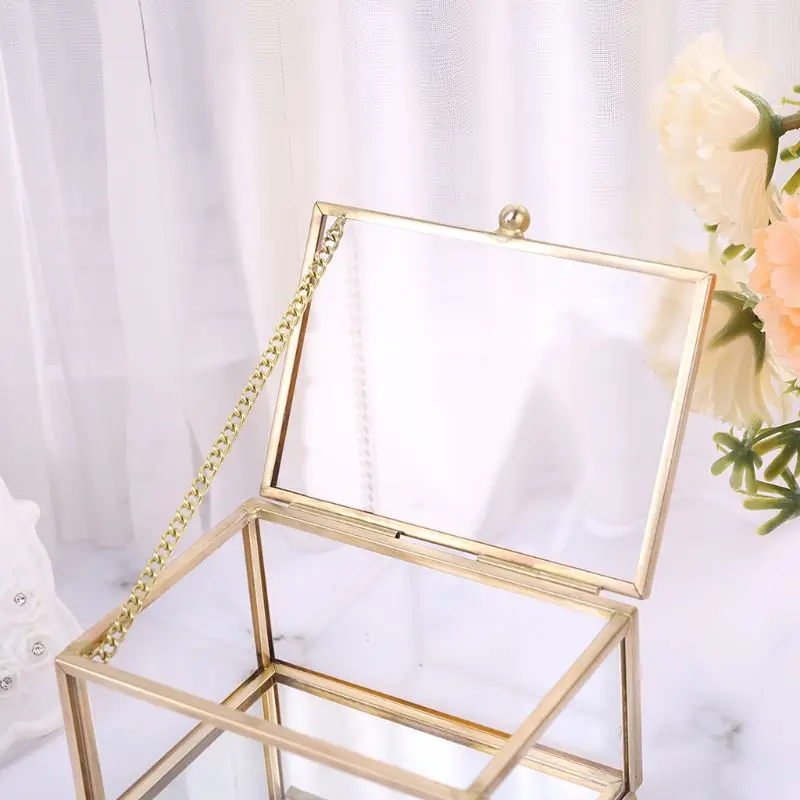 

2021 New Rustic Wedding Ring Box Geometric Transparent Glass Jewelry Display Storage Holder Oranizer Decoration