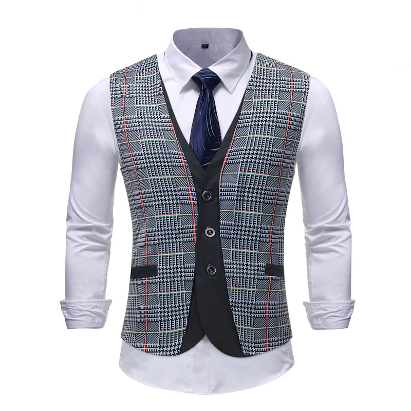 

New Style British Slim Fake Two Piece Men's Vest Small Plaid Men's Suit Vest Wedding Men's Vest Casual 5XL