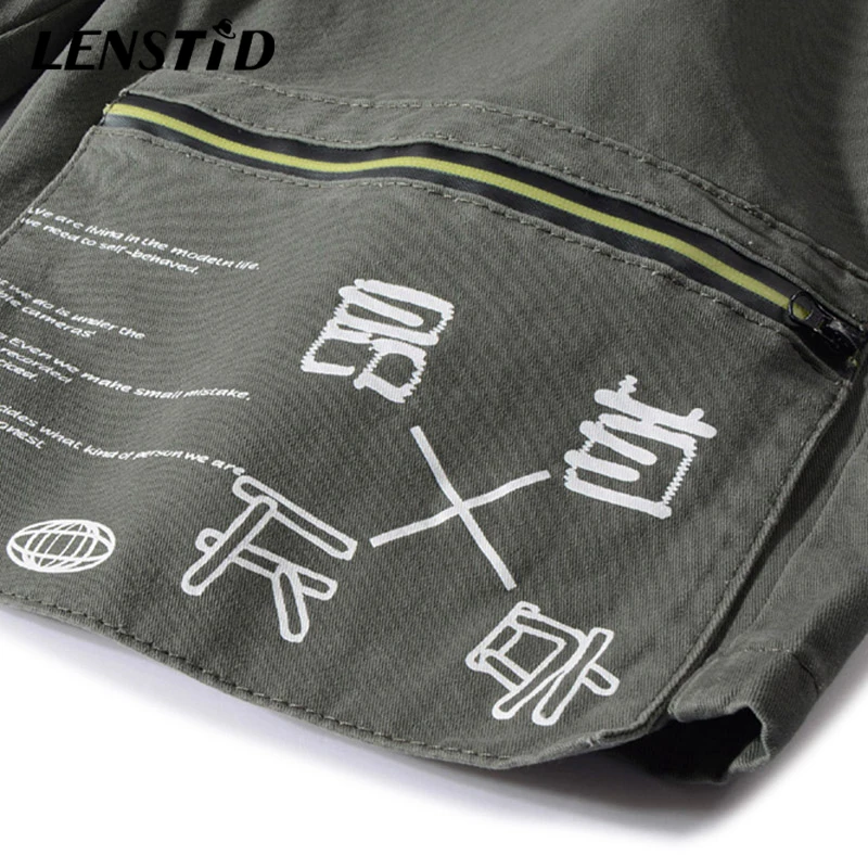 

LENSTID Men Hip Hop Chinese Kanji Cargo Shorts Streetwear Harajuku Zipper Pockets Jogger Shorts 2020 Summer Track Short Pants