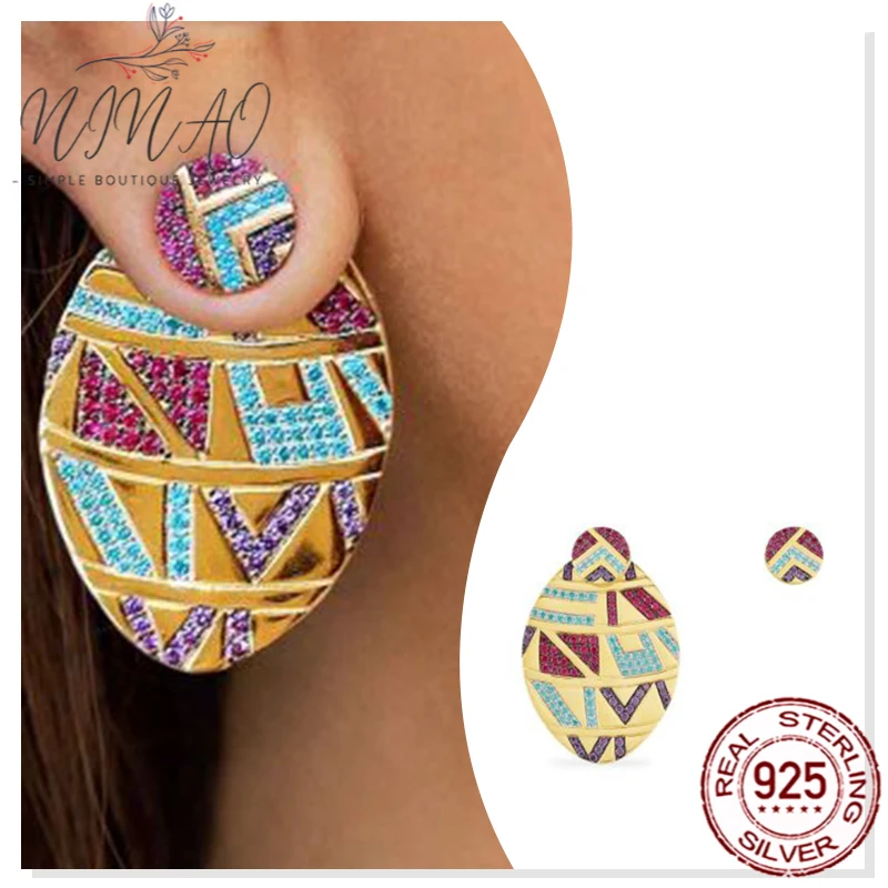 

925 sterling silver zircon Ear clip rainbow earring for girls holiday gifts exaggerated luxury fashion retro personality