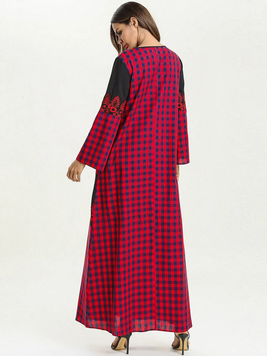 Abaya турецкое платье модное простое красное клетчатое кружевное осеннее и кафтан