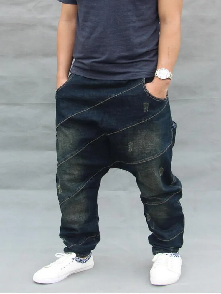 Men Loose Baggy Jeans Hip Hop Harem Jeans Elastic Waist  Drawstring Male Denim Cross-pants Casual Denim Pants