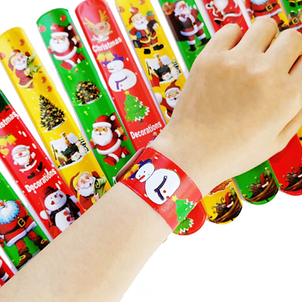 

12pcs Slap Bracelets Toy For Kids Party Props New Year Gifts Christmas Funny Ghost Party Navidad 2022 Elk Xmas Tree Print Toys