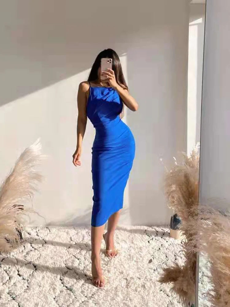 

XIKOM 2021 Summer Women Cotton Blue Folds Backless Slim Midi Dress Female Vintage dresses Ladies Elegant Dress