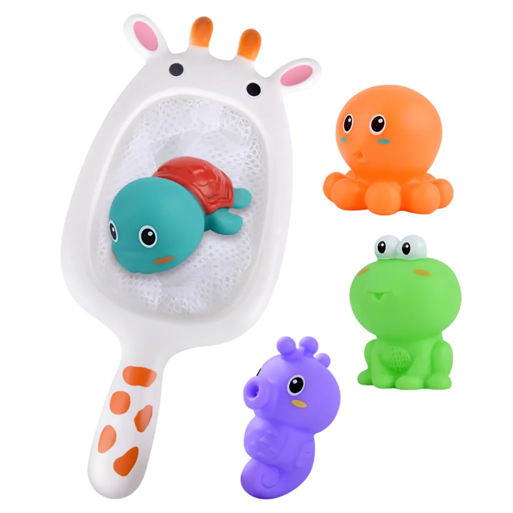 

Baby Bath Toy Floating Soft Rubber Animals Water Tub Toy Squirts Spoon-Net 1 Set Kid Play In Water Fish Toy Sets juguetes bebe