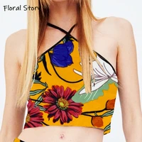 floral story printed spaghetti crop top 90s summer y2k short cami woman mini cropped boho retro bodycon backless sexy beach tops