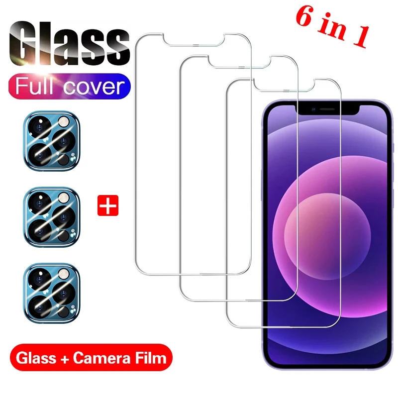 

6 в 1 HD защитное стекло с пленкой для объектива для iPhone 11 12 13 Pro Max закаленное стекло Защита экрана для iPhone 7 8 Plus