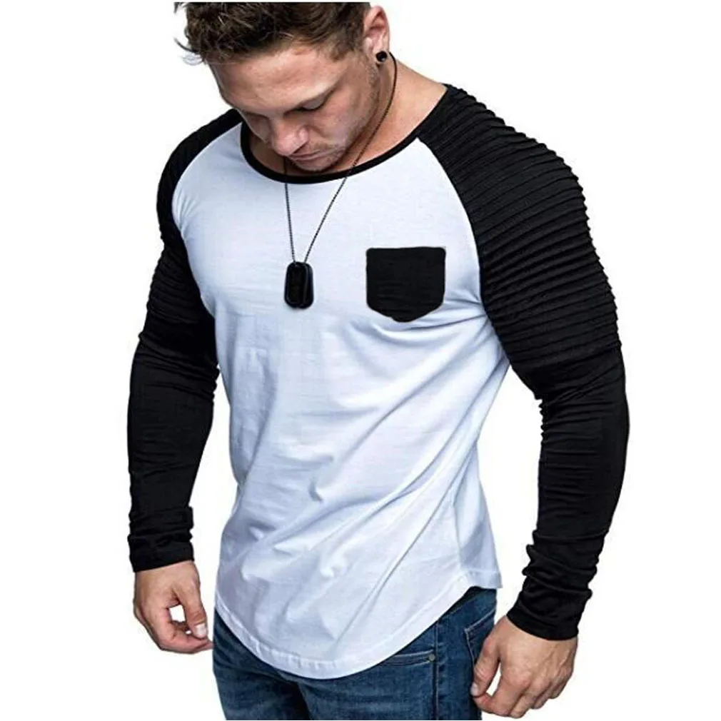 White and Black Брендовые Новые мужские футболки, повседневные облегающие футболки с длинными рукавами для спортзала, лоскутные Осенние повседневные модные футболки с карманами, хит - Цвет: White and Black