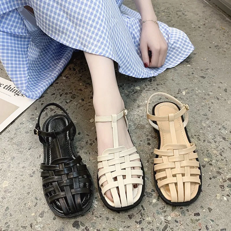 

Beige Heeled Sandals 2021 Women's Female Shoe Buckle Black New Girls Strap Closed Comfort Fashion Summer Low Basic Scandals Squa