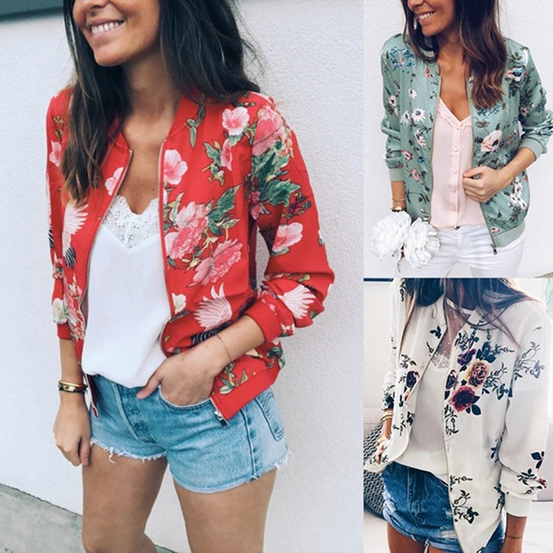 Женская Осенняя куртка бомбер на молнии с цветочным принтом и длинным