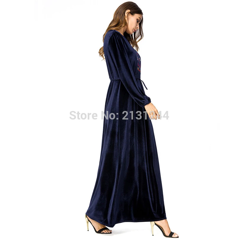 Элегантное макси платье Абая бархат вышивка цветок зима мусульманский длинный