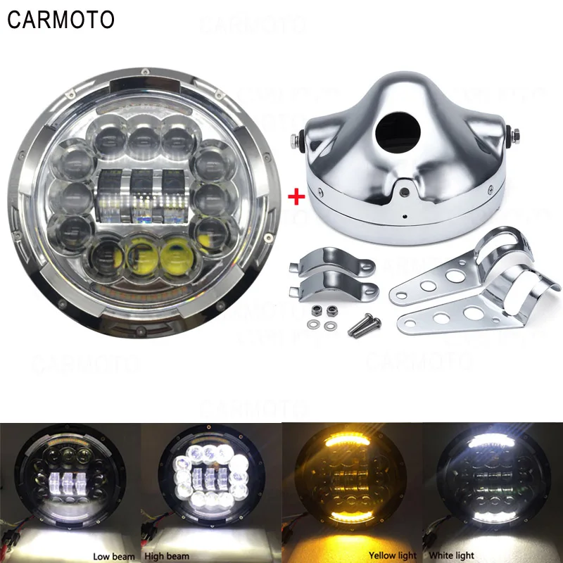 Цвет: желтый 1pcs 7 Inch DOT SAE E9 Motorcycle Headlamp with angle eye Led Headlight 7inch housing bucket trim ring for Touring Electra Glide - Цвет: Цвет: желтый