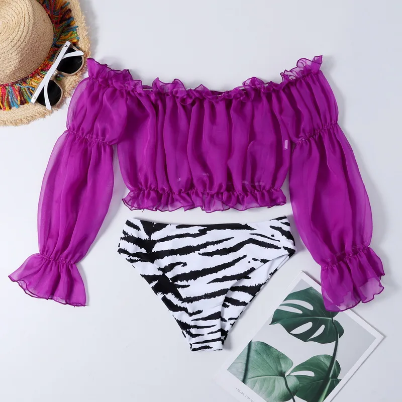 Sexy Green bikini set Swimwear Women Mesh long sleeve swimsuit female High waist bikini Snake printed Bathing suit Mujer